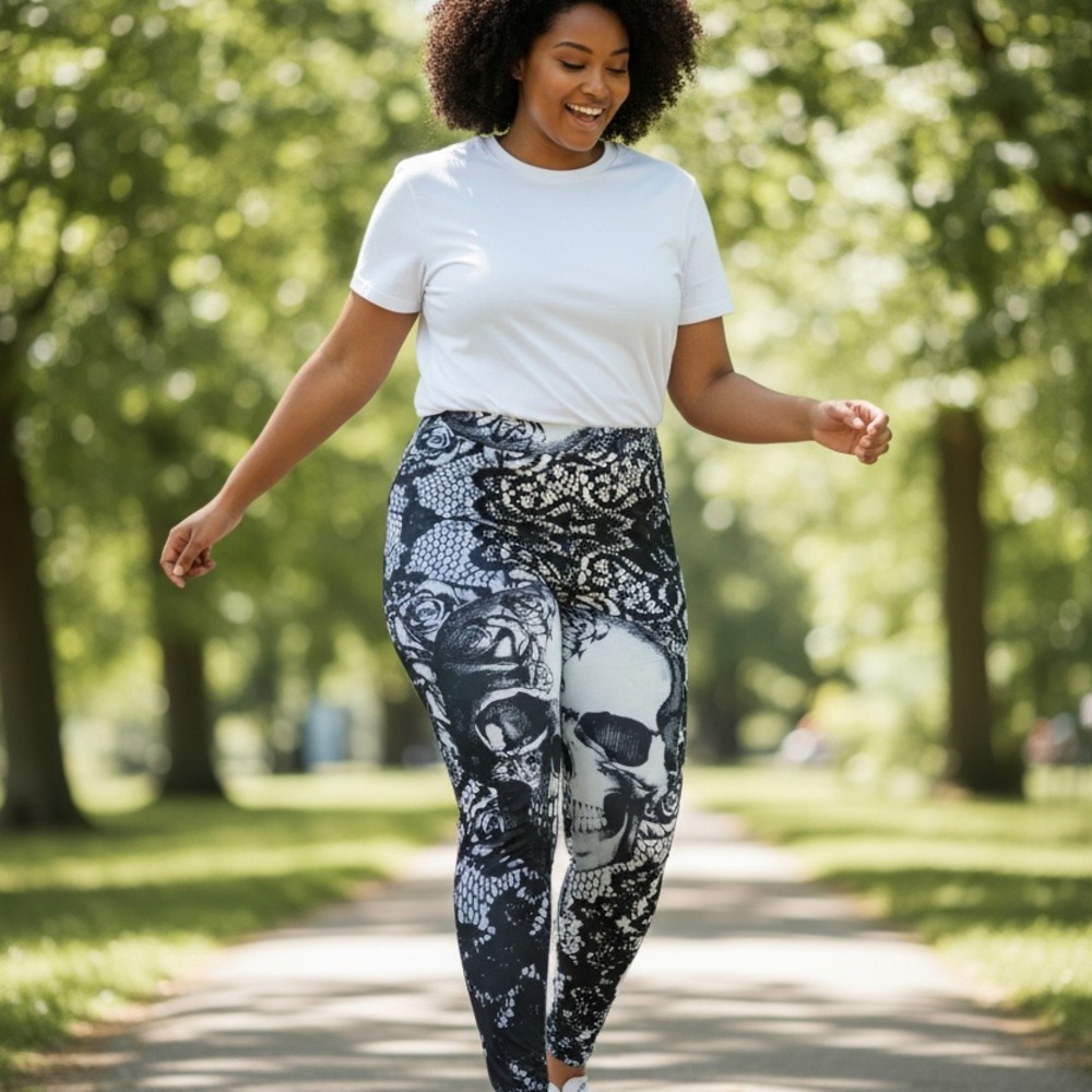 SHEIN Black and White Skull Pattern Leggings